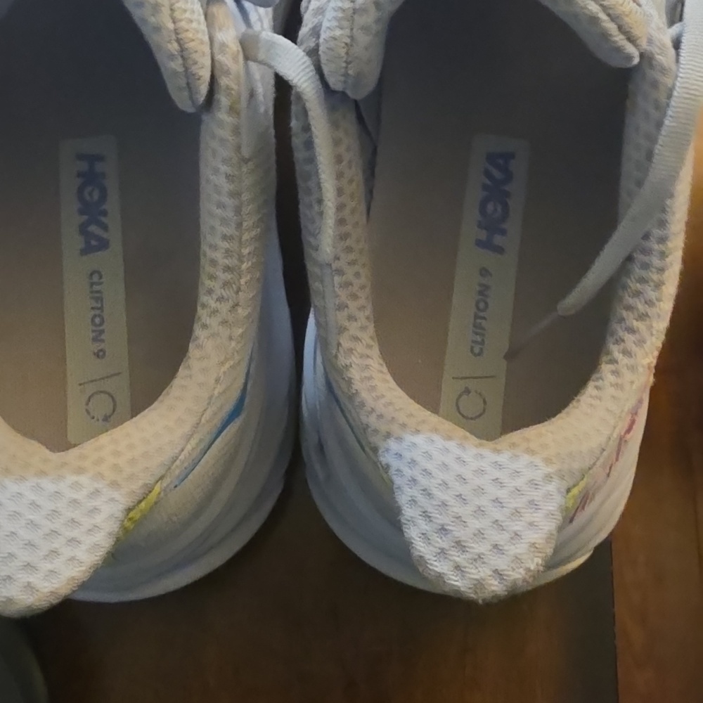 Hoka women's light gray running shoes with pink logo and blue accents - Picture 4 of 8